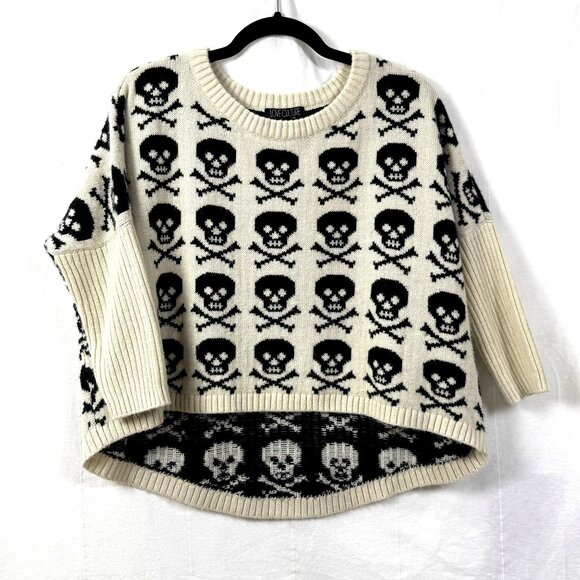 Love Culture Sweater Sz S/M Cream//Black Skull & Crossbones Pullover Emo Goth - Picture 1 of 6